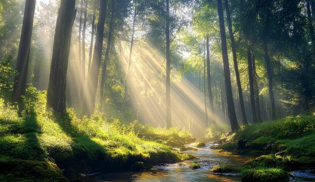 A forest with tall trees and mist, there is a small stream running through the scene. Sunrays are shining down on it