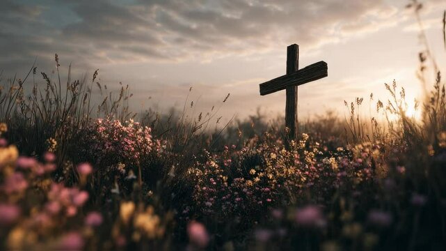 Concept photo of a solitary wooden cross, planted in a field of wildflowers, as the first rays of the sun peek over the horizon, evoking feelings of hope and rebirth.