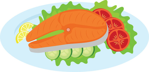Salmon Fish With Lettuce Leaf, Cucumber and Tomato Slices