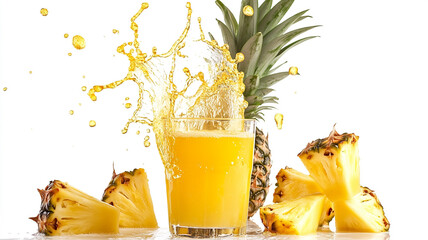 Pineapple juice splashing with pineapple and glass isolated on a white background