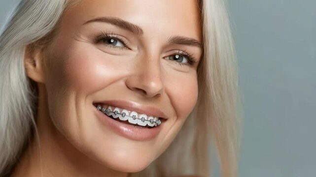 woman with braces on the teeth with copy space for text