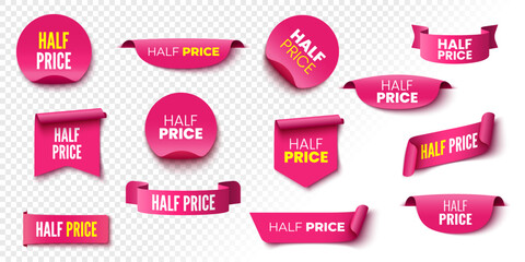 Half price sale banners. Pink ribbons, tags and stickers. Vector illustration.
