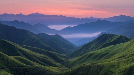 Obraz premium Sunrise over misty green terraced mountains
