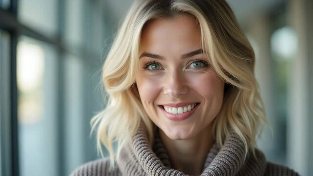 Young woman smiling while wearing a cozy sweater indoors
