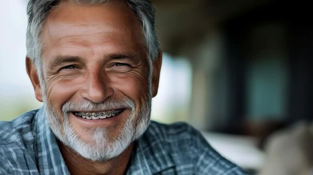 mature aged man with braces on the teeth 