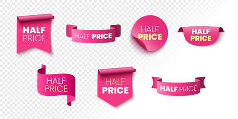 Half price sale banners. Pink ribbons, tags and stickers. Vector illustration.