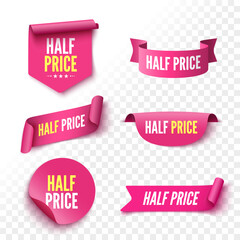Half price sale banners. Pink ribbons, tags and stickers. Vector illustration.