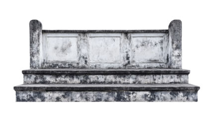 Old weathered three step stone staircase with a concrete wall isolated.