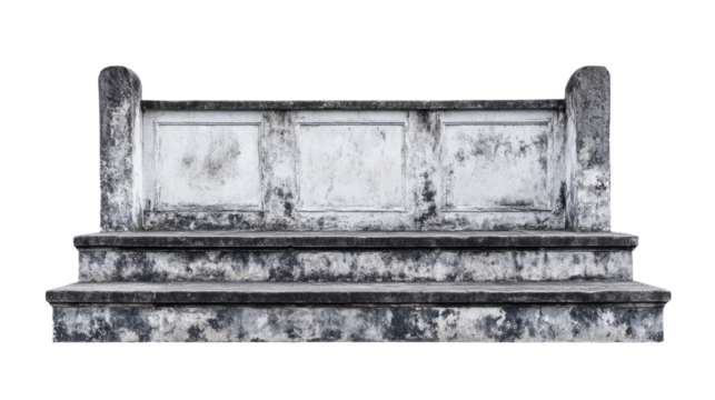 Old weathered three step stone staircase with a concrete wall isolated.