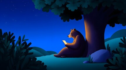 A curious bear reading a gentle tale under a starry night sky, surrounded by a peaceful forest landscape © pkproject