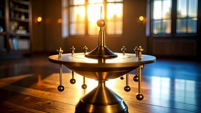 Elegant golden pendulum wave machine resting on wooden floor in sunlit room with decorative elements