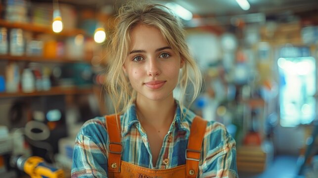 A confident young woman stands in a workshop, showcasing her skills and determination, with scattered tools around her, representing empowerment and creativity in action. - Powered by Adobe