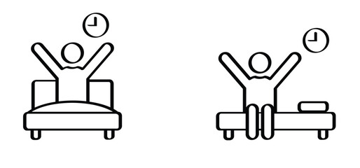 Woke up and stretched in bed. Waking up, good morning. Cartoon wake up or sleepless icon. Stickman, stick figure man sign. Sleeping concept. Persion in bed. Sleeping hotel. Clock time.