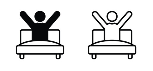 Woke up and stretched in bed. Waking up, good morning. Cartoon wake up or sleepless icon. Stickman, stick figure man sign. Sleeping concept. Persion in bed. Sleeping hotel. Clock time.