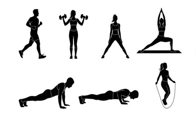 Obraz premium Fitness Workout Silhouettes Set | Collection of Exercise and Yoga Poses for Gym, Sport, and Healthy Lifestyle Promotion