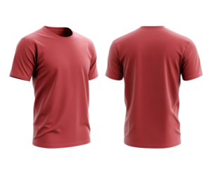 Maroon short sleeved t-shirt shown from front and back views on transparent background.
