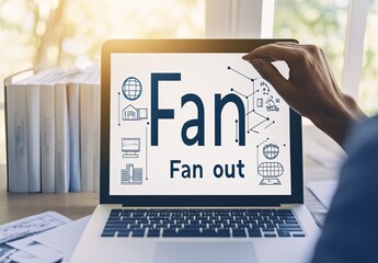 Laptop screen displaying "Fan" and "Fan out" with graphic elements.  Hand hovering over screen.  Books and papers in the background.  Soft light
