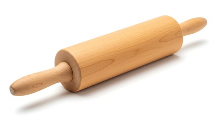 Wooden rolling pin on a white background, an isolated kitchen tool for baking dough
