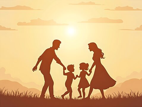 Family Walking Together Silhouette Happy Parents With Children Holding Hands Illustration