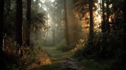 Fototapeta premium Misty Sunrise in a Magical Forest
