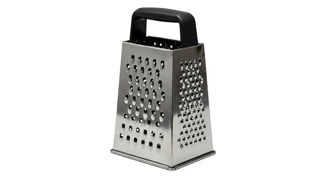 Isolated on white, a shiny metal kitchen grater stands ready, a sharp stainless steel cooking utensil