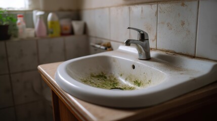 Dirty bathroom sink shows visible microbial growth and germs, highlighting need for cleaning and maintenance. neglected surface reflects poor hygiene practices