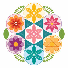 Geometric Flower Vector with Symmetrical Design and Vibrant Colors