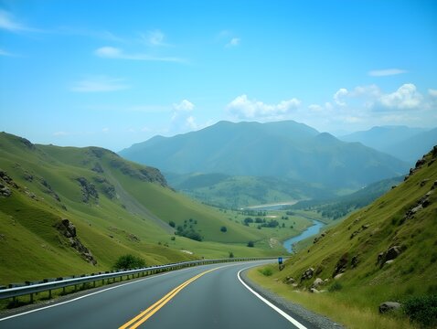 Scenic winding road through green mountains and blue skies