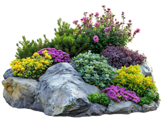Colorful rock garden flower arrangement isolated on transparent background