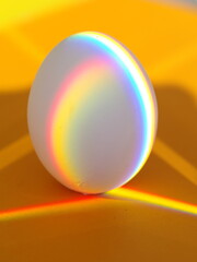 A white egg with rainbow colors on it