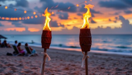 Beach sunset celebration with tiki torches tropical paradise event photography warm atmosphere relaxed vibe