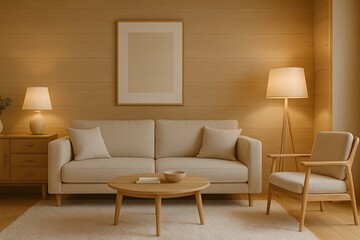 Cozy Minimalist Living Room with Neutral Tones and Warm Lighting