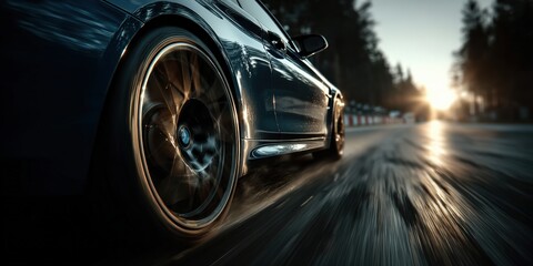Sports Car in Motion on Asphalt Road – Low Angle Shot with Blurred Background, High Speed, Power and Elegance, Dynamic Light, Copy Space