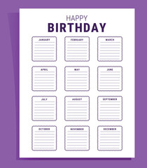 Classic Birthday Reminder Planner. Monthly Birthday Calendar Template for Kids and Family