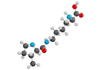 Pyrrolysine (Pyl) molecule isolated on transparent background. Non essential amino acid. Molecular formula: C12H21N3O3. Chemical model: Ball and stick. 3D illustration.