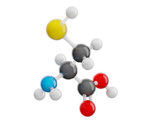 Selenocysteine (Sec) molecule isolated on transparent background. Non essential amino acid. Molecular formula: C3H7NO2Se. Chemical model: Ball and stick. 3D illustration.
