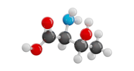 Threonine (Thr) molecule isolated on transparent background. Essential amino acid. Molecular formula: C4H9NO3. Chemical model: Ball and stick. 3D illustration.