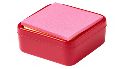 Pink sticky note rests on top of a red bento box, creating a simple yet evocative image of organization and preparedness, set against a transparent background