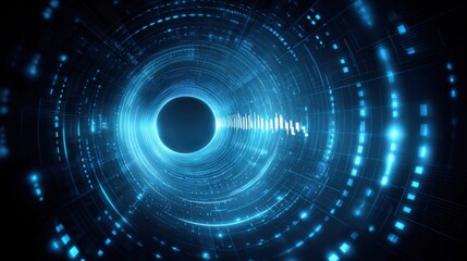 Investment risk in mutual funds concept. A glowing blue digital tunnel with concentric circles and data streams, symbolizing technology and futuristic data flow.