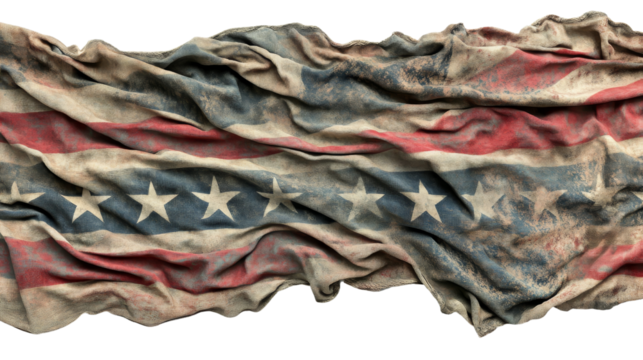 Grunge aged weathered cloth showing American flag pattern on transparent background.
