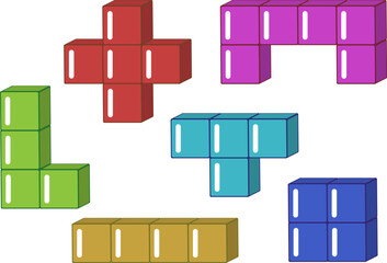 A set of cubes in different versions and colors.