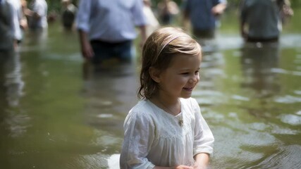 A young child, standing waistdeep in the river, surrounded by the loving support of their family and church community, as they prepare to take the important step of baptism.