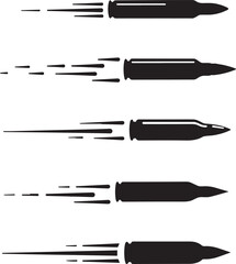 Flying Bullet Silhouette Vector Set. Ammunition Projectiles with Speed Motion Lines for Action Graphics.