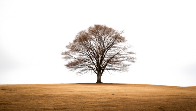 Single deciduous tree on a brown field at night