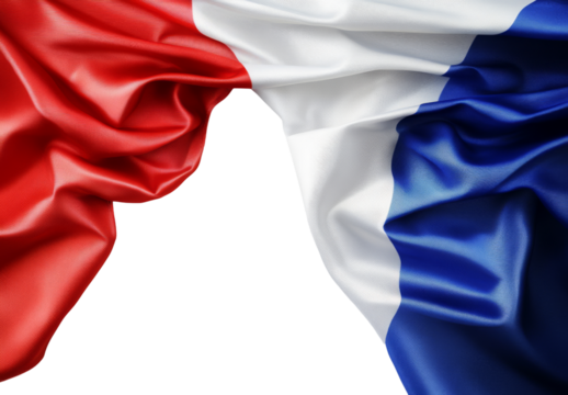French flag silk fabric with red white and blue colors on a transparent background.
