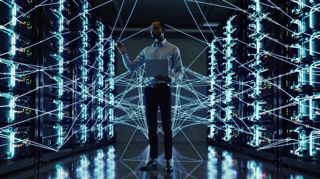 Server Room Supervisor: A focused professional inspects servers with his laptop in the heart of a high-tech data center, visualizing digital connections. - Powered by Adobe
