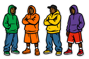 Four young men dressed in colorful hoodies standing confidently