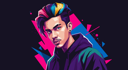 Young man with colorful hair in modern graphic style portrait  