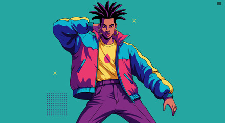 Young man posing confidently in colorful streetwear against teal background  