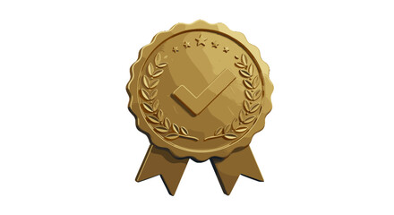 Gold award seal with checkmark and ribbon design  